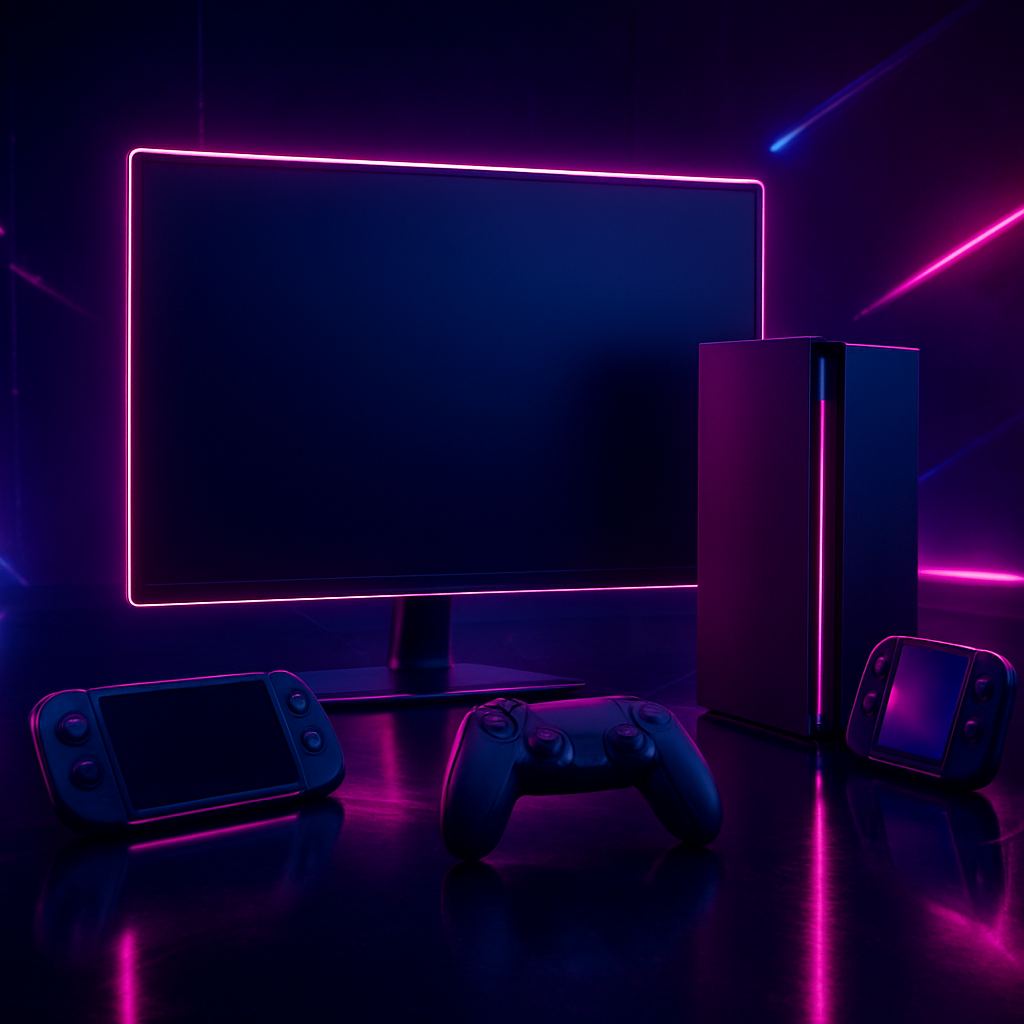 Premium next-gen gaming setup met consoles en handhelds